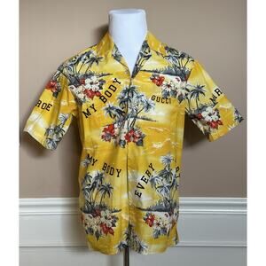 Gucci Bowling Hawaii Ocean Palms Yellow Jersey Shirt 44 Euro IT 694124 NWT